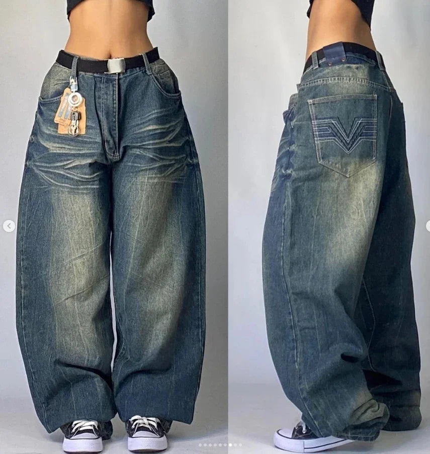 IMIEMIE American Hip Hop Retro Gothic Print Jeans Women Y2K New Street Selling Fashion Loose Straight Wide Leg Pants Unisex Joker Jeans