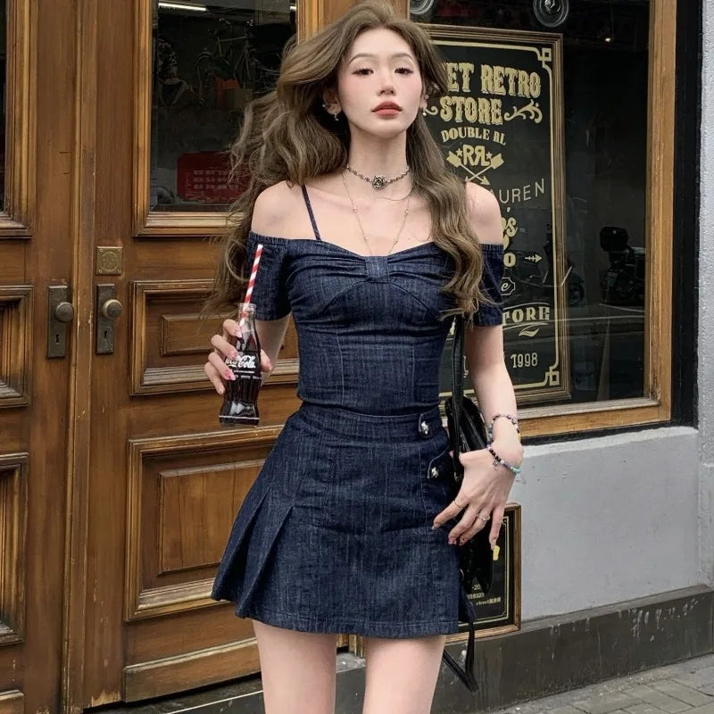 IMIEMIE American Hot Girl Retro Suit Women's Summer Off Shoulder Denim Slim Fit Top High Waist A-Line Skirt Two-piece Set Female Clothes