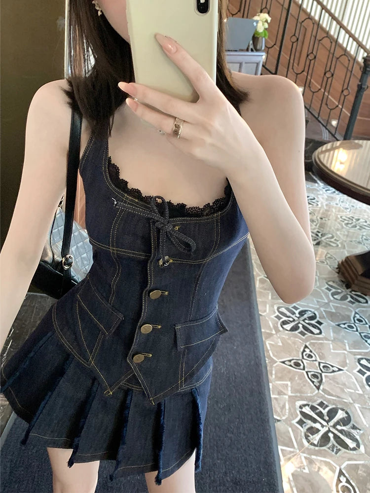 IMIEMIE American Style Outfits 2 Piece Skirt Set Korean Single Breasted Denim Halter Tops + Women Fashion Sexy Pleated Skirt Hot Girls