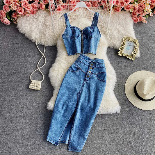 IMIEMIE Amolapha Women Summer Denim Clothes Sets Strapless Strap Cowboy Camisole Tops+High Waist Split Jeans Mid-Length Skirts Suits