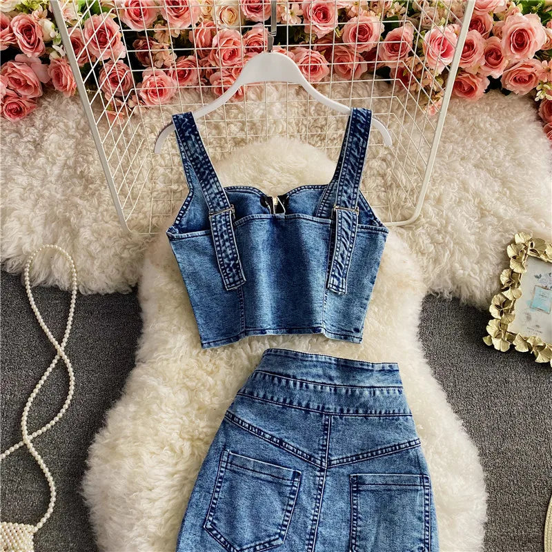 IMIEMIE Amolapha Women Summer Denim Clothes Sets Strapless Strap Cowboy Camisole Tops+High Waist Split Jeans Mid-Length Skirts Suits