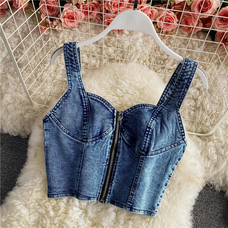 IMIEMIE Amolapha Women Summer Denim Clothes Sets Strapless Strap Cowboy Camisole Tops+High Waist Split Jeans Mid-Length Skirts Suits