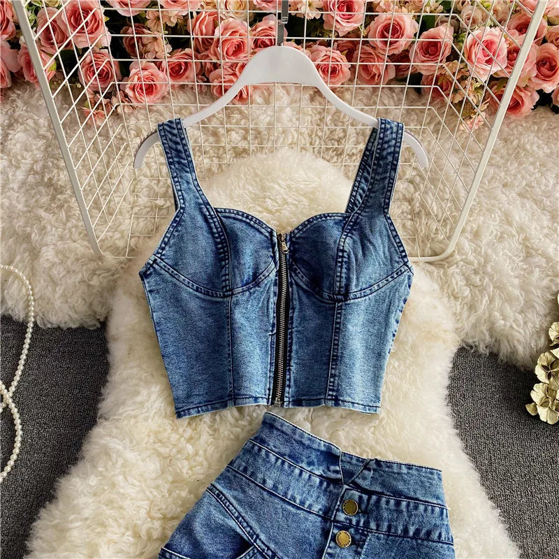 IMIEMIE Amolapha Women Summer Denim Clothes Sets Strapless Strap Cowboy Camisole Tops+High Waist Split Jeans Mid-Length Skirts Suits