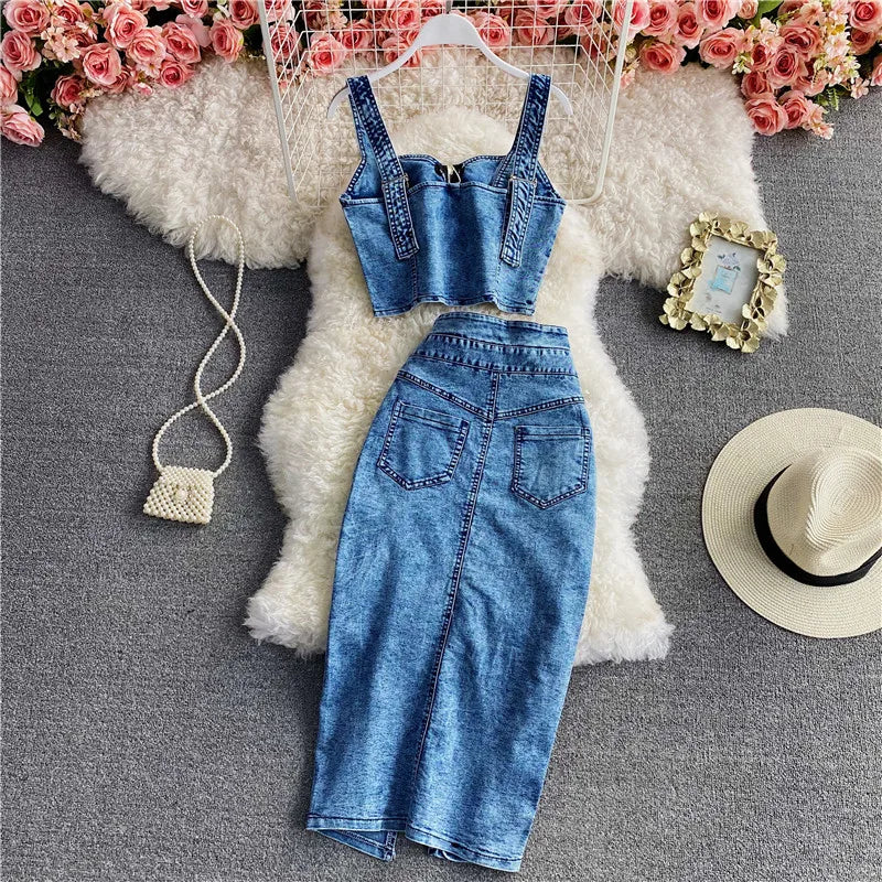 IMIEMIE Amolapha Women Summer Denim Clothes Sets Strapless Strap Cowboy Camisole Tops+High Waist Split Jeans Mid-Length Skirts Suits