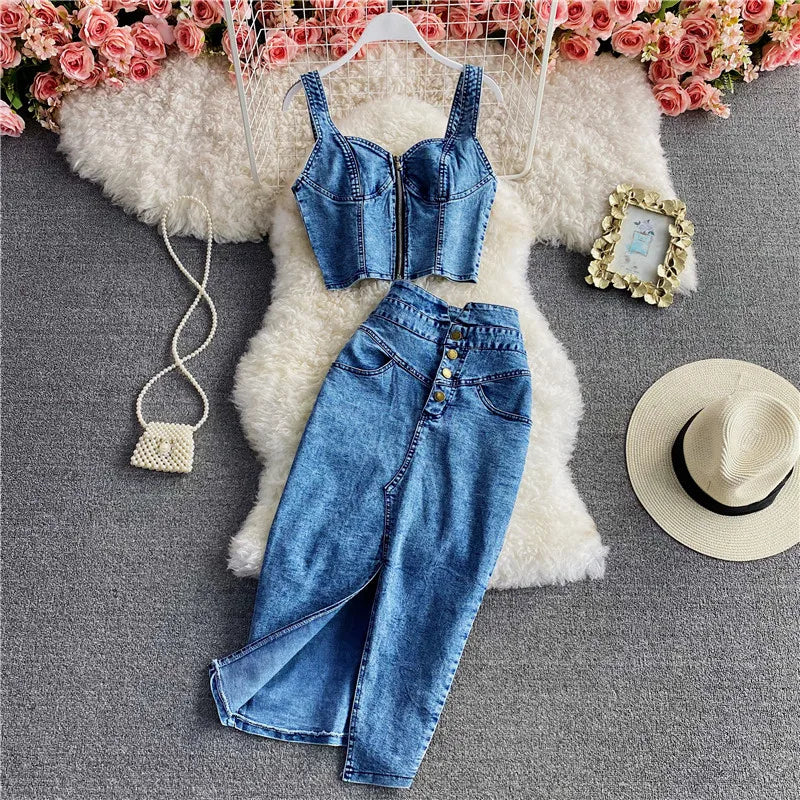 IMIEMIE Amolapha Women Summer Denim Clothes Sets Strapless Strap Cowboy Camisole Tops+High Waist Split Jeans Mid-Length Skirts Suits