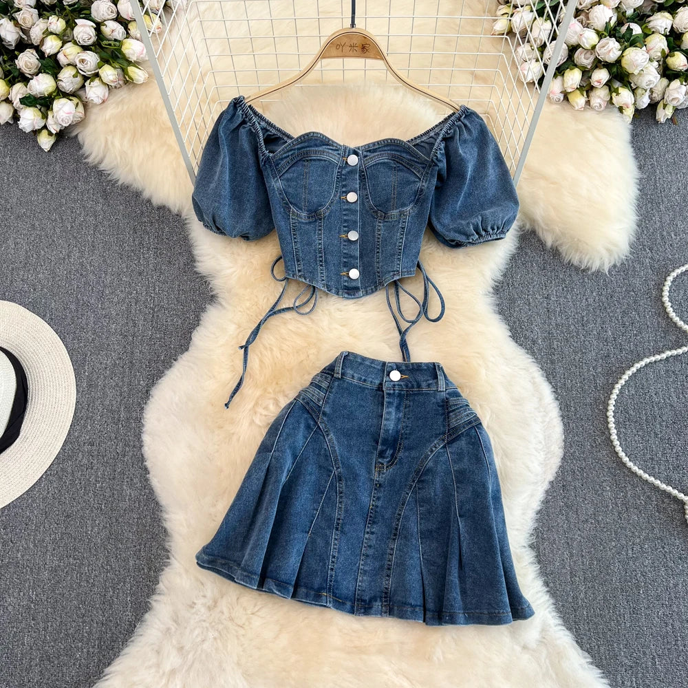 IMIEMIE Amolapha Women Summer Jeans Sets Strapless Bandage Denim Short Style Tops+Mini Fishtail Denim Skirt 2 Pieces Clothing Suits