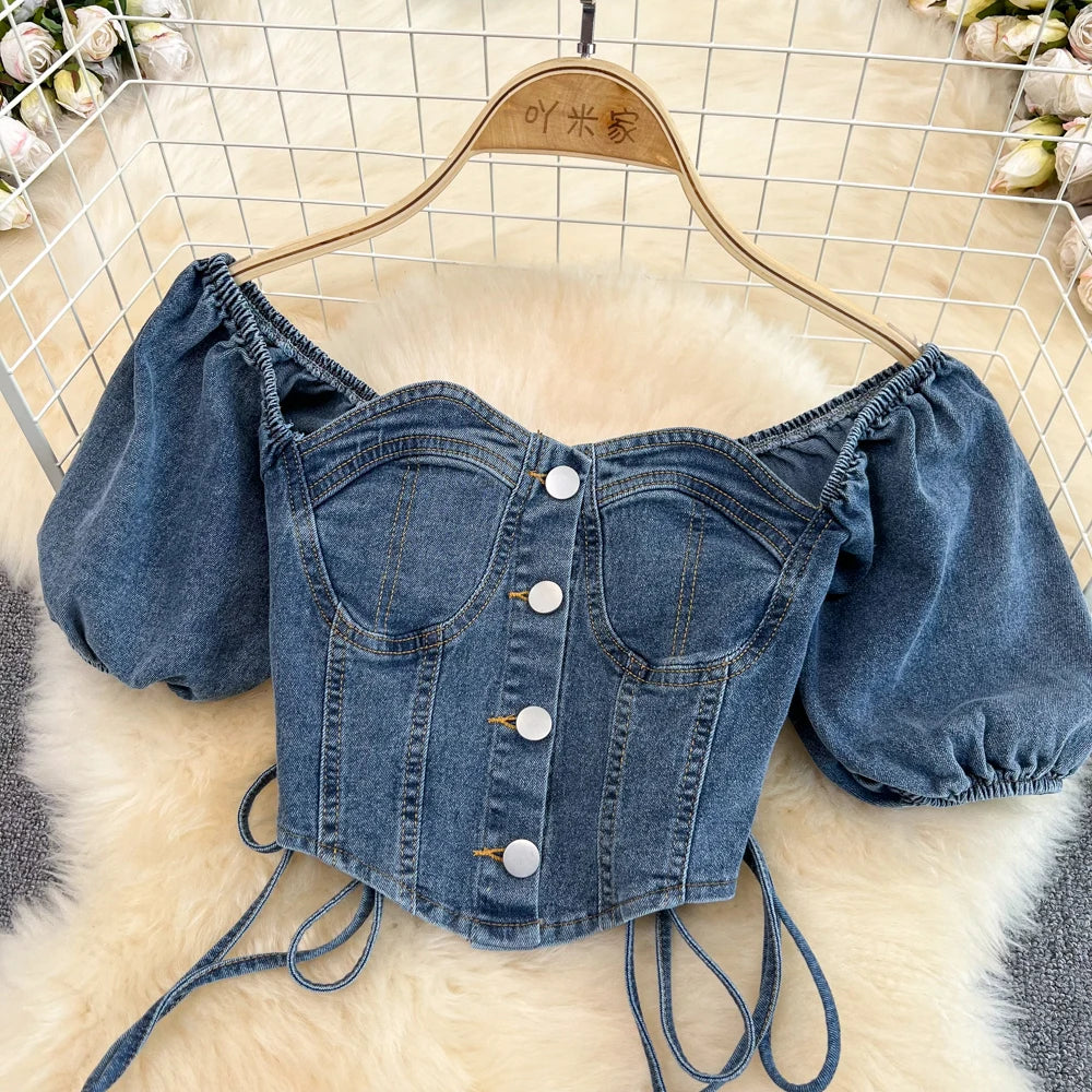 IMIEMIE Amolapha Women Summer Jeans Sets Strapless Bandage Denim Short Style Tops+Mini Fishtail Denim Skirt 2 Pieces Clothing Suits