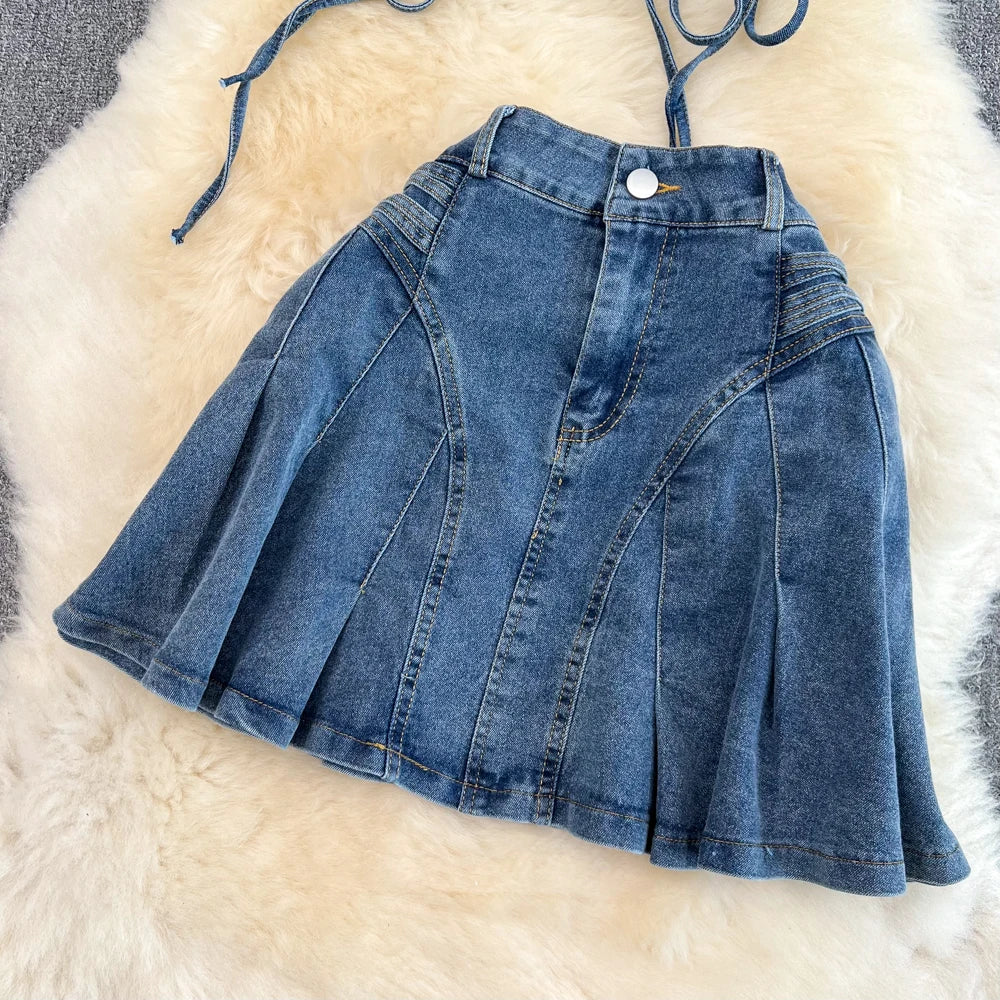 IMIEMIE Amolapha Women Summer Jeans Sets Strapless Bandage Denim Short Style Tops+Mini Fishtail Denim Skirt 2 Pieces Clothing Suits