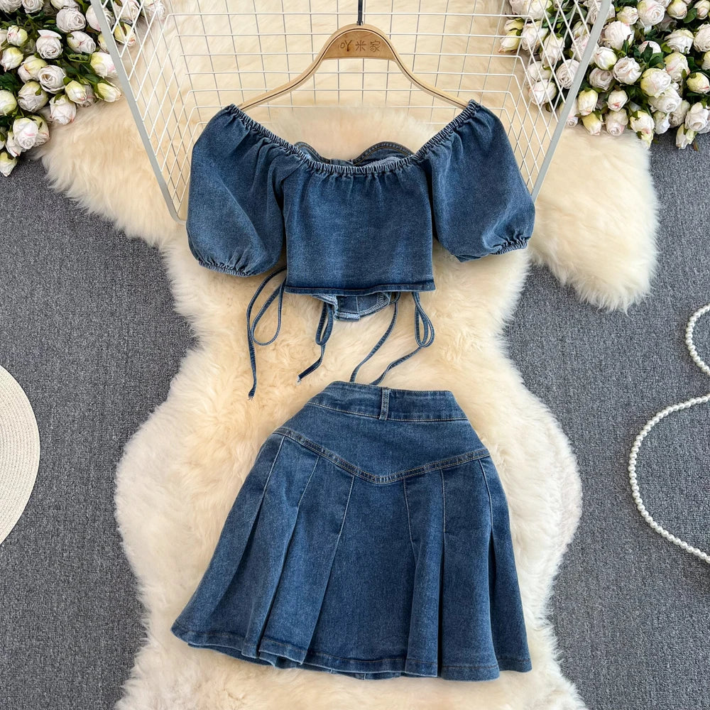 IMIEMIE Amolapha Women Summer Jeans Sets Strapless Bandage Denim Short Style Tops+Mini Fishtail Denim Skirt 2 Pieces Clothing Suits