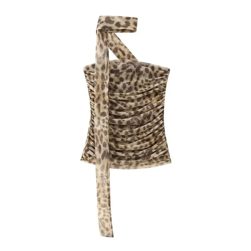 IMIEMIE Aoaiiys Leopard Print Crop Top Women Tulle Tops Y2k Ruched Tops Sexy Backless Sleeveless Summer Pleated Beach Halter Top 2024