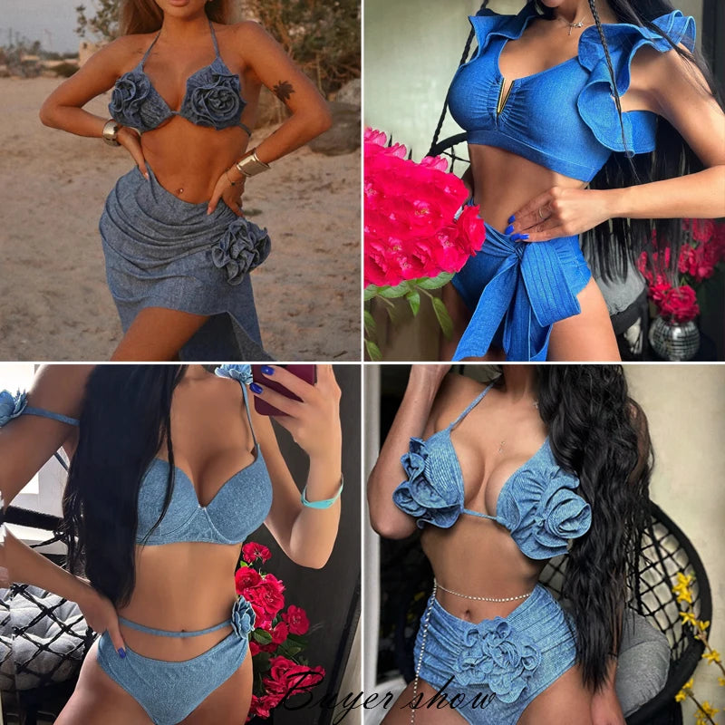 IMIEMIE Ashgaily 2024 Cut Out One Piece Swimsuit with Skirt 3D Flower Women Swimwear Monokini Bodysuit Bathing Suit Beach Wear