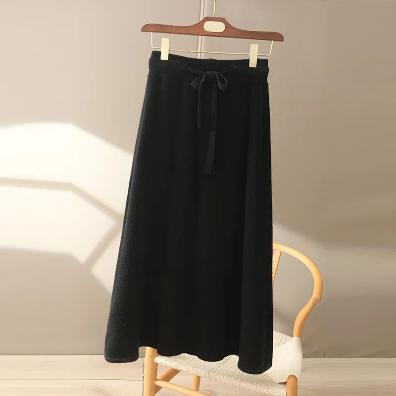 IMIEMIE Autumn And Winter100% Pure Wool Skirt Women's Long Pocket Small A Skirt High Waist Slim Cashmere Knit A-Line Skirt