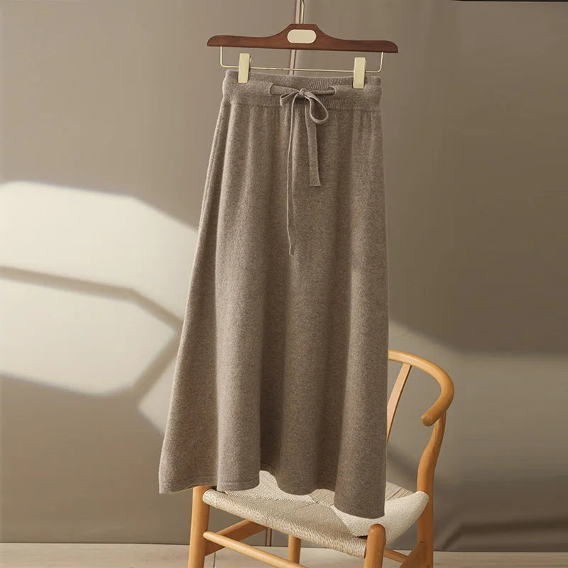 IMIEMIE Autumn And Winter100% Pure Wool Skirt Women's Long Pocket Small A Skirt High Waist Slim Cashmere Knit A-Line Skirt