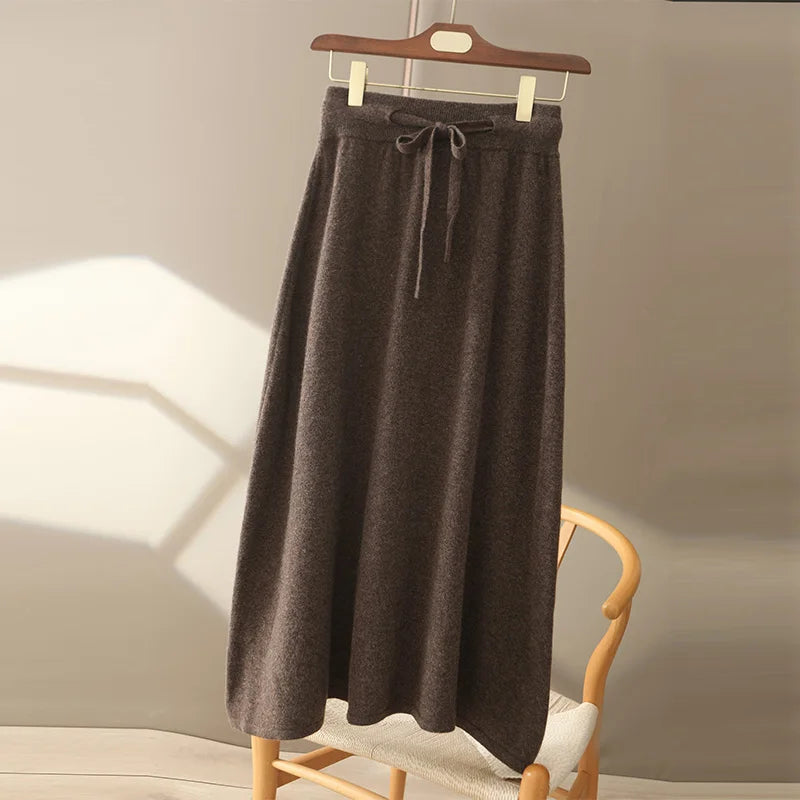 IMIEMIE Autumn And Winter100% Pure Wool Skirt Women's Long Pocket Small A Skirt High Waist Slim Cashmere Knit A-Line Skirt