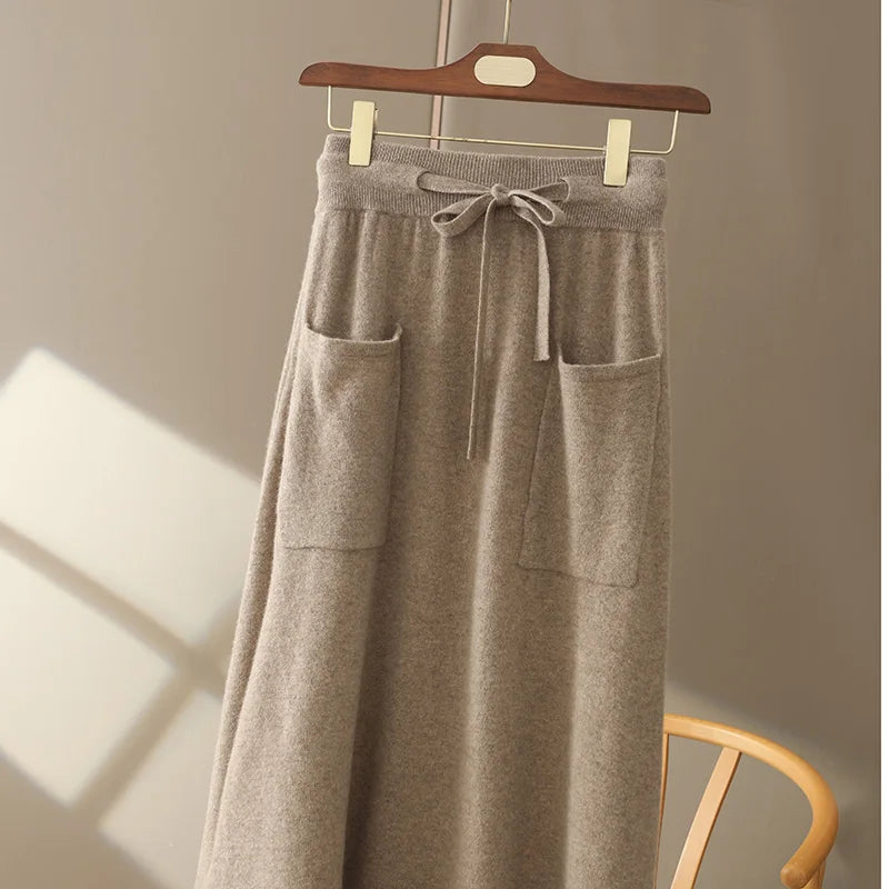 IMIEMIE Autumn And Winter100% Pure Wool Skirt Women's Long Pocket Small A Skirt High Waist Slim Cashmere Knit A-Line Skirt