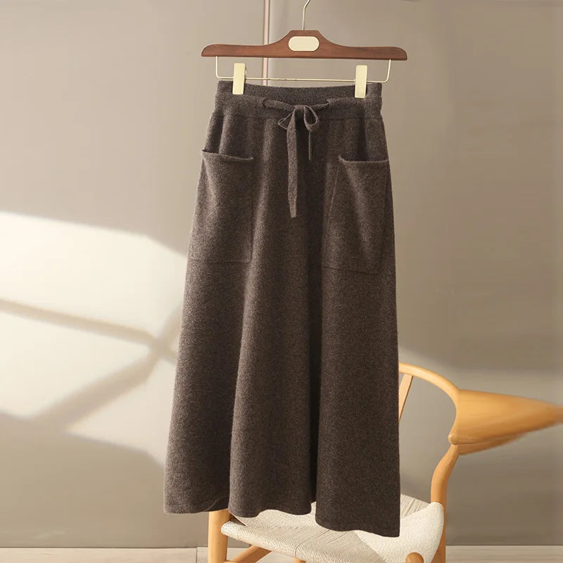 IMIEMIE Autumn And Winter100% Pure Wool Skirt Women's Long Pocket Small A Skirt High Waist Slim Cashmere Knit A-Line Skirt