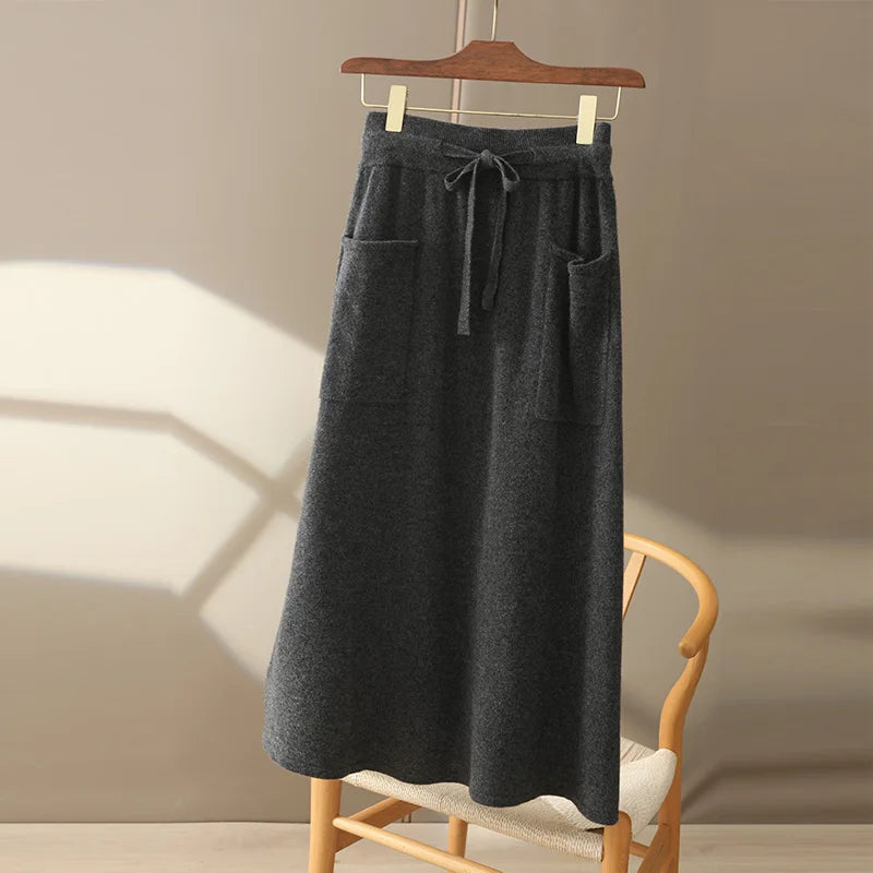 IMIEMIE Autumn And Winter100% Pure Wool Skirt Women's Long Pocket Small A Skirt High Waist Slim Cashmere Knit A-Line Skirt