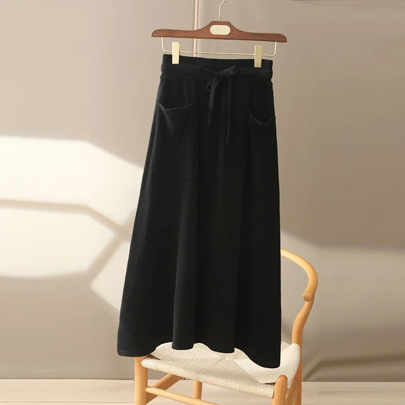 IMIEMIE Autumn And Winter100% Pure Wool Skirt Women's Long Pocket Small A Skirt High Waist Slim Cashmere Knit A-Line Skirt