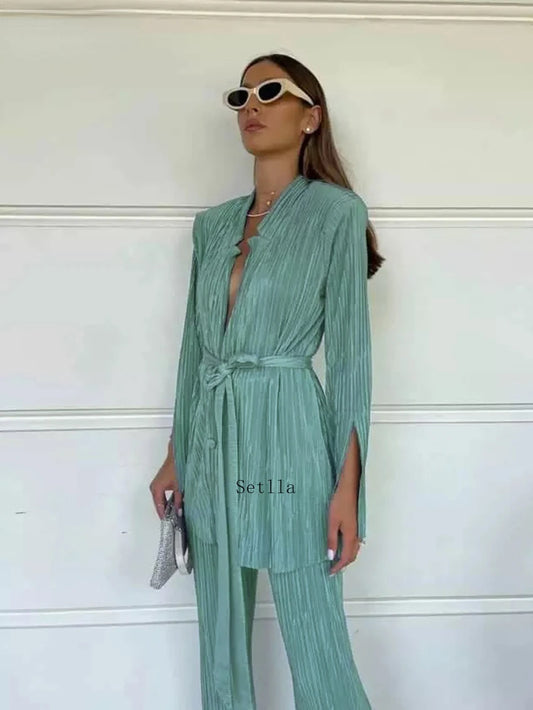 HAIPURUNAutumn Green Pleated Pants Set Bodycon Slit Trosuer Suits Fashion Lace-Up Long Sleeve Blazer 2 Piece Sets Womens Outfits