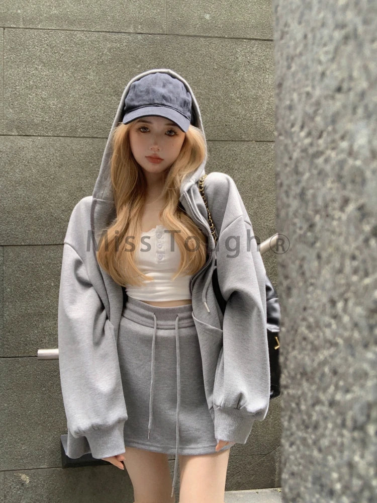 IMIEMIE Autumn Korean Fashion Y2k Two Piece Set Women Sportwear Elegant Tracksuist Female Hooded Sweatshirt＋Sweet Skirt Set 2024 New