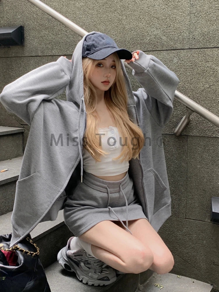 IMIEMIE Autumn Korean Fashion Y2k Two Piece Set Women Sportwear Elegant Tracksuist Female Hooded Sweatshirt＋Sweet Skirt Set 2024 New