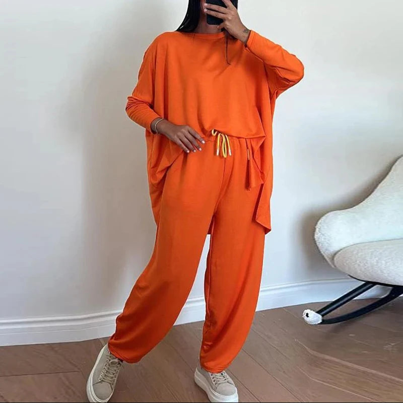 IMIEMIE Autumn Long Sleeve Loose Leisure Suit Woman Fashion Round Neck Top Pullover & Long Pants Outfit Spring Solid Color Two Piece Set