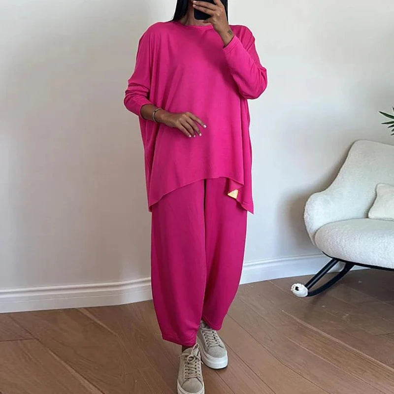 IMIEMIE Autumn Long Sleeve Loose Leisure Suit Woman Fashion Round Neck Top Pullover & Long Pants Outfit Spring Solid Color Two Piece Set