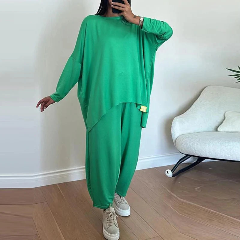 IMIEMIE Autumn Long Sleeve Loose Leisure Suit Woman Fashion Round Neck Top Pullover & Long Pants Outfit Spring Solid Color Two Piece Set