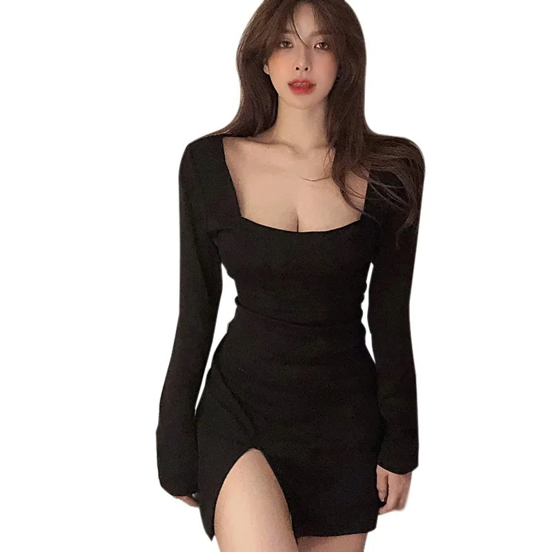 IMIEMIE Autumn Long-sleeved Dress Women Waist Slimming Packet Hip Skirt Side Slit Bodycon Sexy Streetwear Party Elegant Club Dress