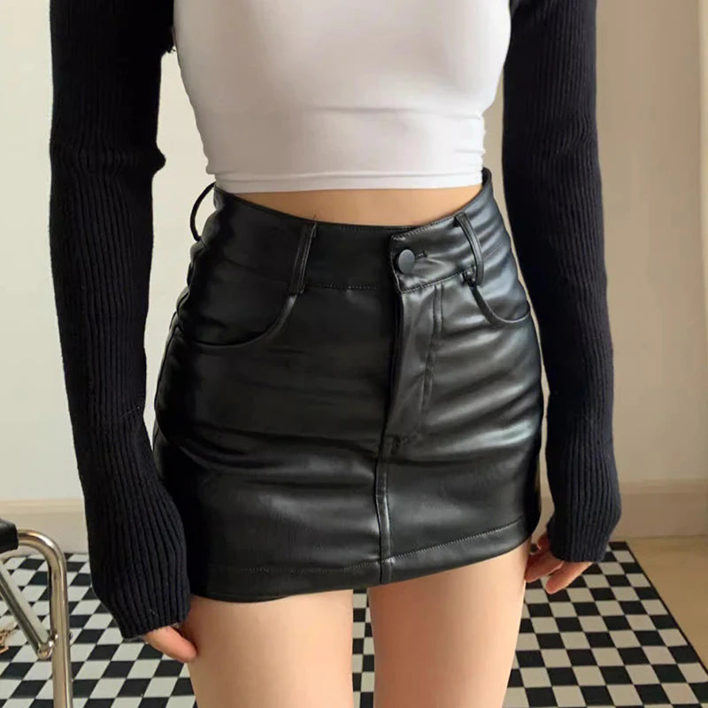 IMIEMIE Autumn Sexy PU Leather Shorts Skirt Women Black High Waisted A-line Mini Skirts Y2K Streetwear Female Hot Girl Shorts