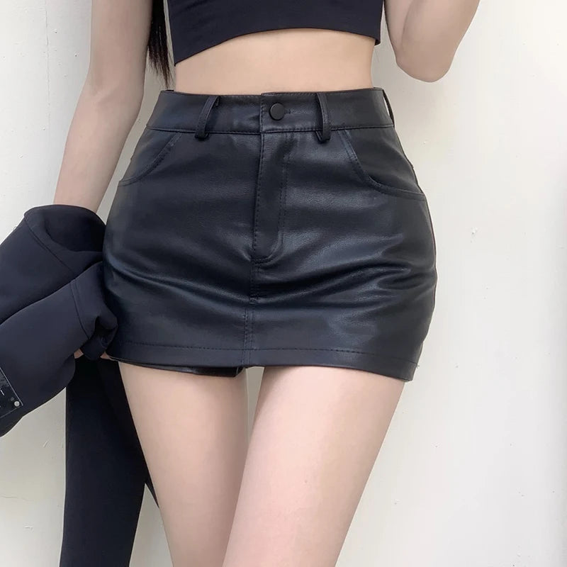 IMIEMIE Autumn Sexy PU Leather Shorts Skirt Women Black High Waisted A-line Mini Skirts Y2K Streetwear Female Hot Girl Shorts