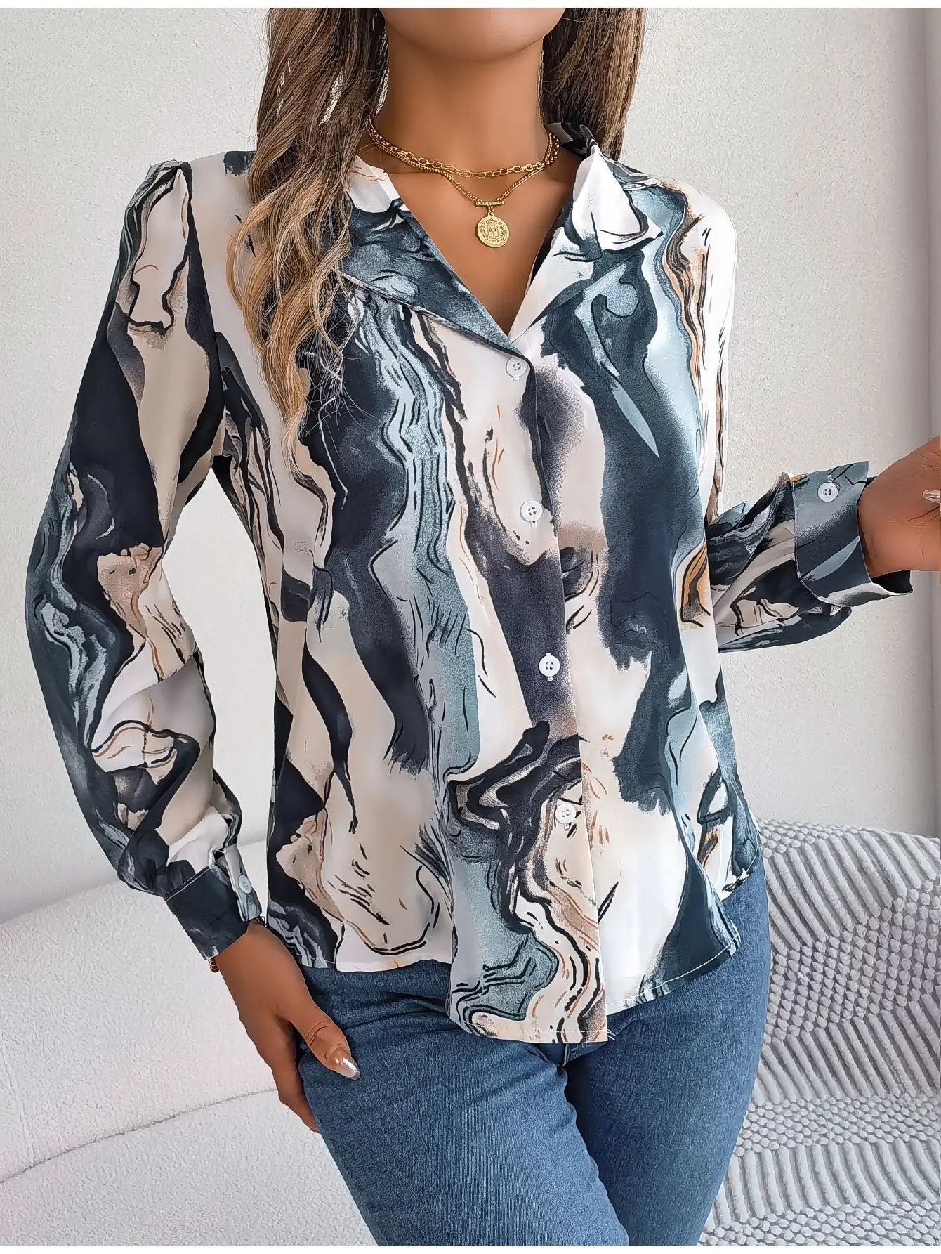 IMIEMIE Autumn Winter Casual Notched Long Sleeve Shirt Women Single Breasted Contrasting Colors Blouse Elegant Office Lady Clothes