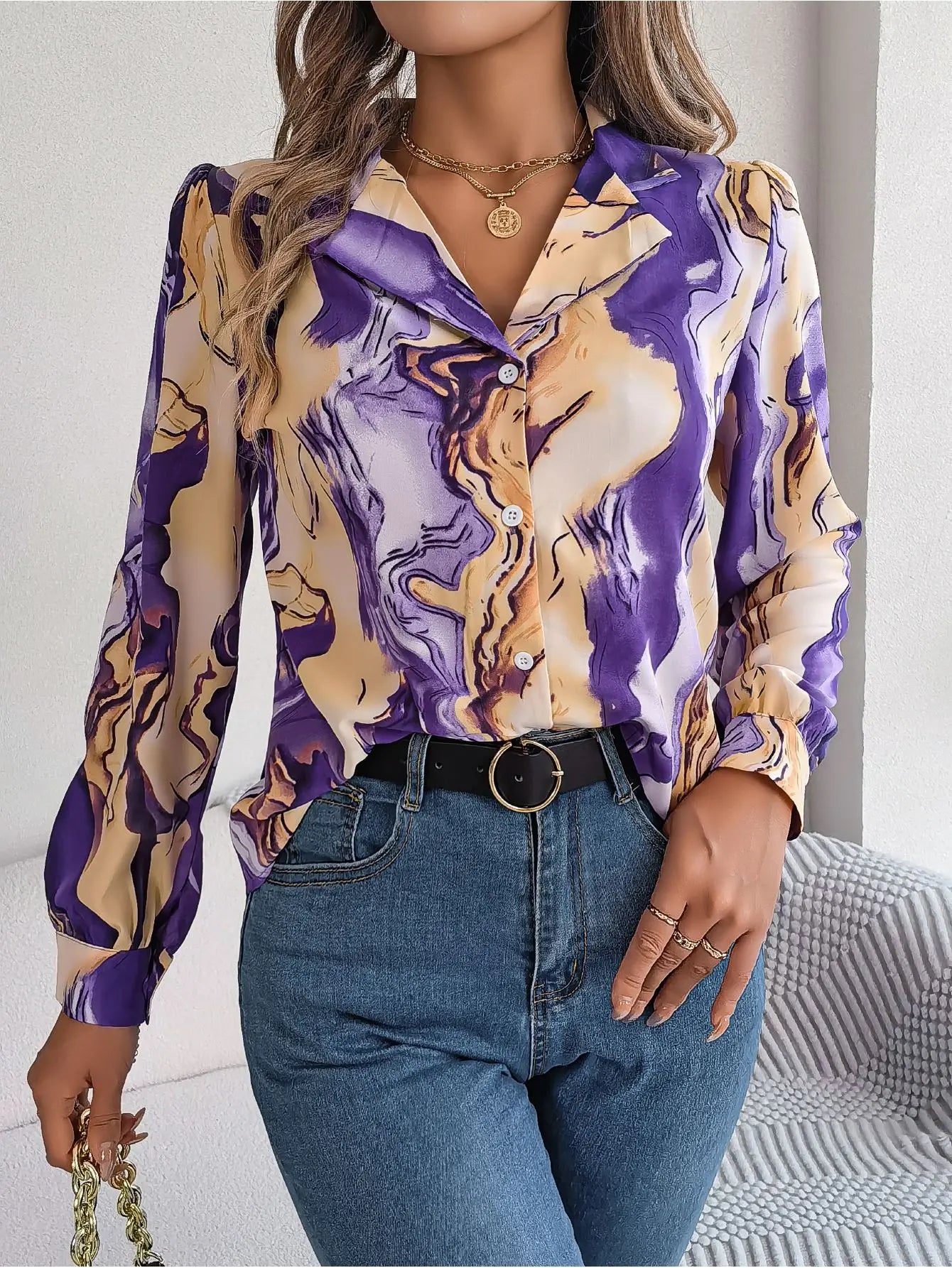 IMIEMIE Autumn Winter Casual Notched Long Sleeve Shirt Women Single Breasted Contrasting Colors Blouse Elegant Office Lady Clothes