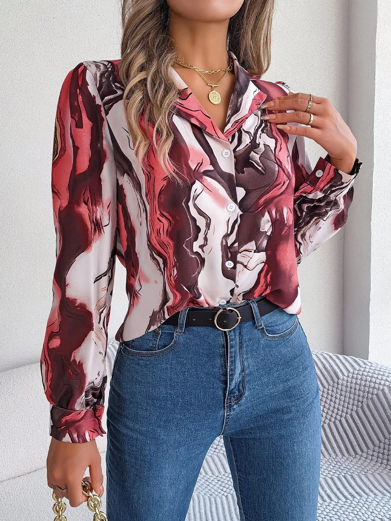 IMIEMIE Autumn Winter Casual Notched Long Sleeve Shirt Women Single Breasted Contrasting Colors Blouse Elegant Office Lady Clothes