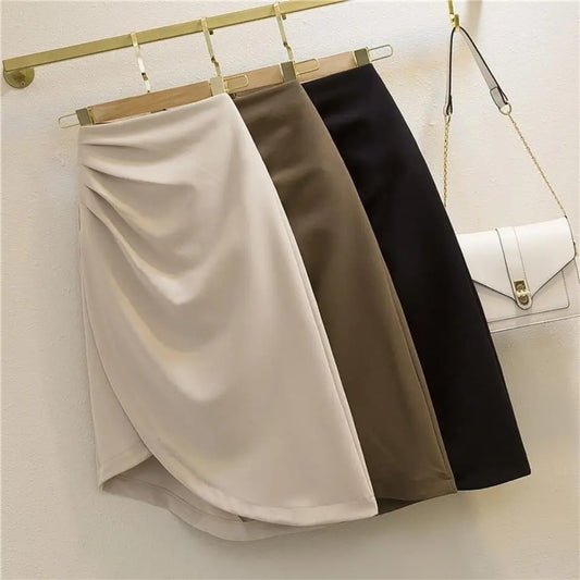 IMIEMIE Autumn Women's Irregular A-Line Skirt Folds Slim Sexy Elegant Office Lady's Skirt Solid All-Match Trend Korean Chic Zipper Split