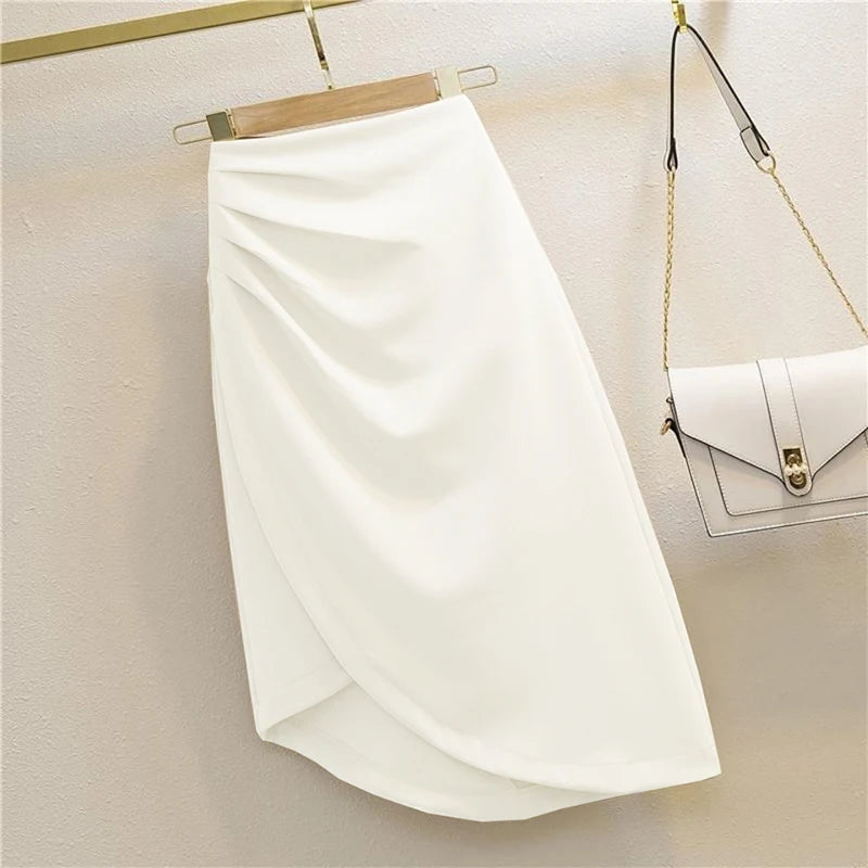 IMIEMIE Autumn Women's Irregular A-Line Skirt Folds Slim Sexy Elegant Office Lady's Skirt Solid All-Match Trend Korean Chic Zipper Split