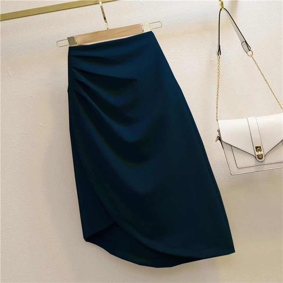 IMIEMIE Autumn Women's Irregular A-Line Skirt Folds Slim Sexy Elegant Office Lady's Skirt Solid All-Match Trend Korean Chic Zipper Split