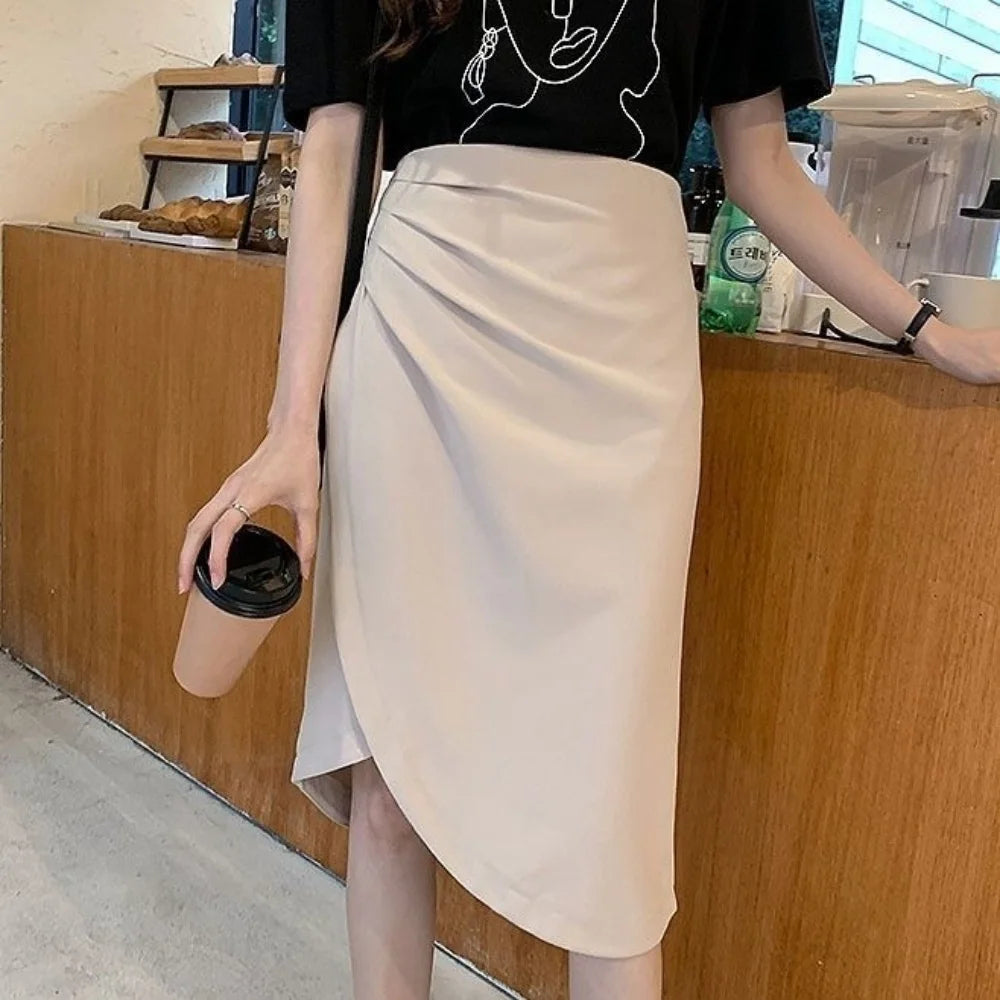 IMIEMIE Autumn Women's Irregular A-Line Skirt Folds Slim Sexy Elegant Office Lady's Skirt Solid All-Match Trend Korean Chic Zipper Split