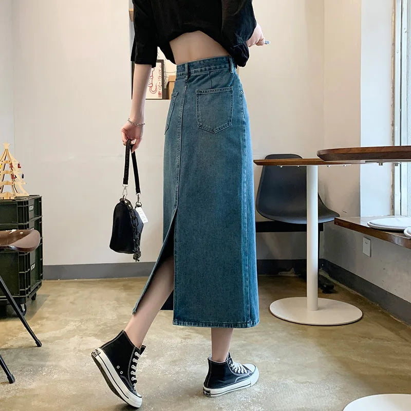 IMIEMIE Autumn and winter women's long skirt high waist thin A-line skirt 2024 new denim skirt split half skirt simple skirt