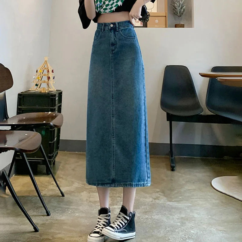 IMIEMIE Autumn and winter women's long skirt high waist thin A-line skirt 2024 new denim skirt split half skirt simple skirt