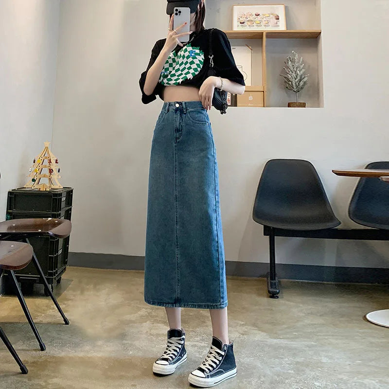 IMIEMIE Autumn and winter women's long skirt high waist thin A-line skirt 2024 new denim skirt split half skirt simple skirt