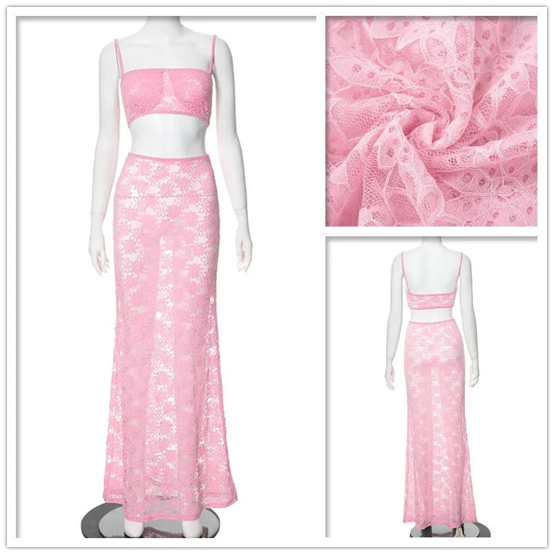 IMIEMIE Avrilyaan Lace Perspective Sexy Party Two Piece Set Strapless Crop Top And Midi Skirts 2 Pieces Set Women 2024 Summer Outfits