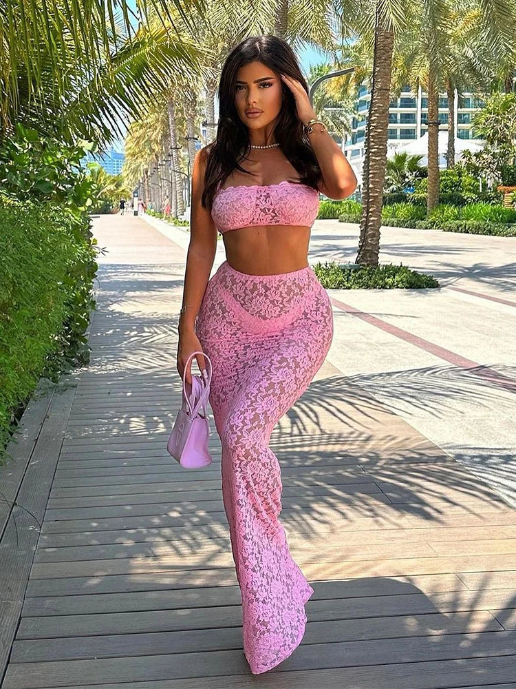 IMIEMIE Avrilyaan Lace Perspective Sexy Party Two Piece Set Strapless Crop Top And Midi Skirts 2 Pieces Set Women 2024 Summer Outfits