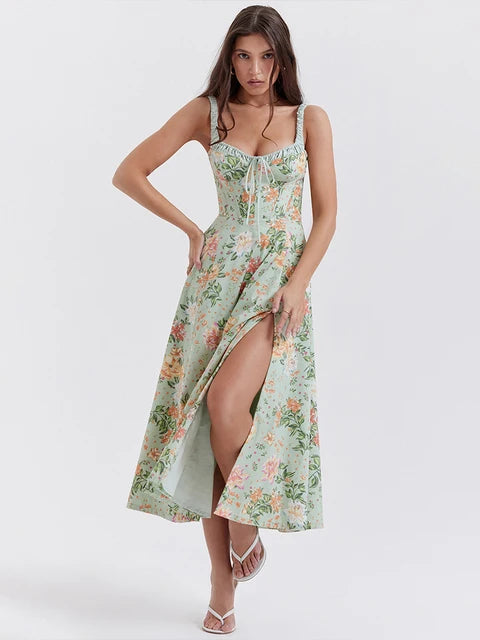 IMIEMIE Avrilyaan Off Shoulder Flower Print Sexy Dress For Women High Split Elegant Long Dresses Backless Bodycon Summer Dress Vestidos