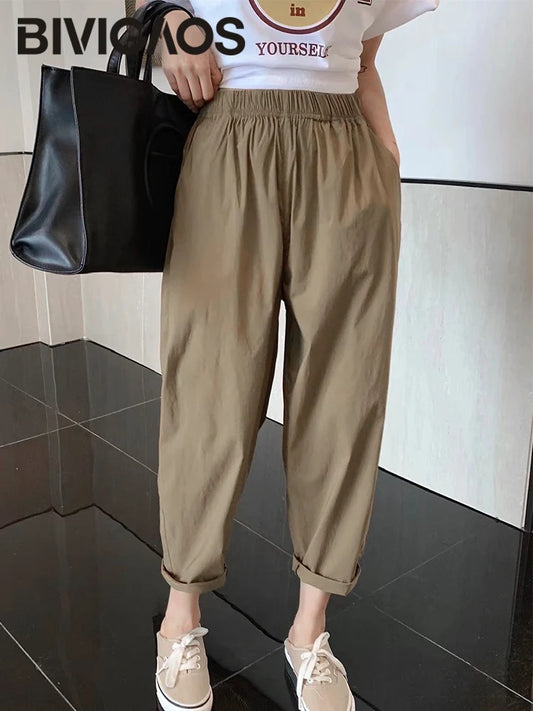 IMIEMIE BIVIGAOS Spring Summer New Cotton&Linen Harem Pants Women High Waist Loose Casual Pants Beige Solid Color Khaki Pants Elegant