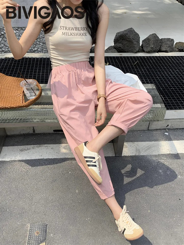 IMIEMIE BIVIGAOS Spring Summer New Cotton&Linen Harem Pants Women High Waist Loose Casual Pants Beige Solid Color Khaki Pants Elegant