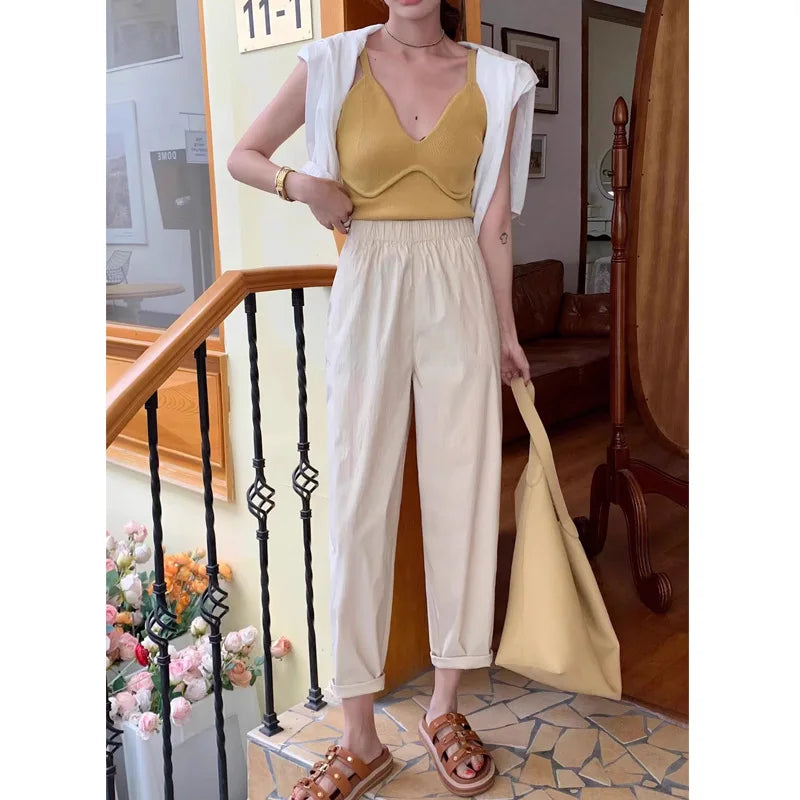 IMIEMIE BIVIGAOS Spring Summer New Cotton&Linen Harem Pants Women High Waist Loose Casual Pants Beige Solid Color Khaki Pants Elegant