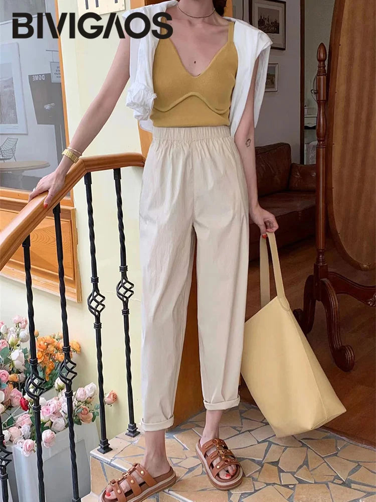 IMIEMIE BIVIGAOS Spring Summer New Cotton&Linen Harem Pants Women High Waist Loose Casual Pants Beige Solid Color Khaki Pants Elegant