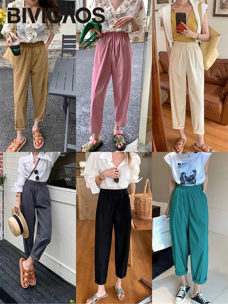 IMIEMIE BIVIGAOS Spring Summer New Cotton&Linen Harem Pants Women High Waist Loose Casual Pants Beige Solid Color Khaki Pants Elegant