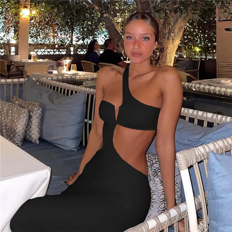 IMIEMIE BKLD Long Dresses Spring Summer 2024 New Women Clothing Fashion Irregular One Shoulder Sexy Cutout Open Back Bodycon Dress